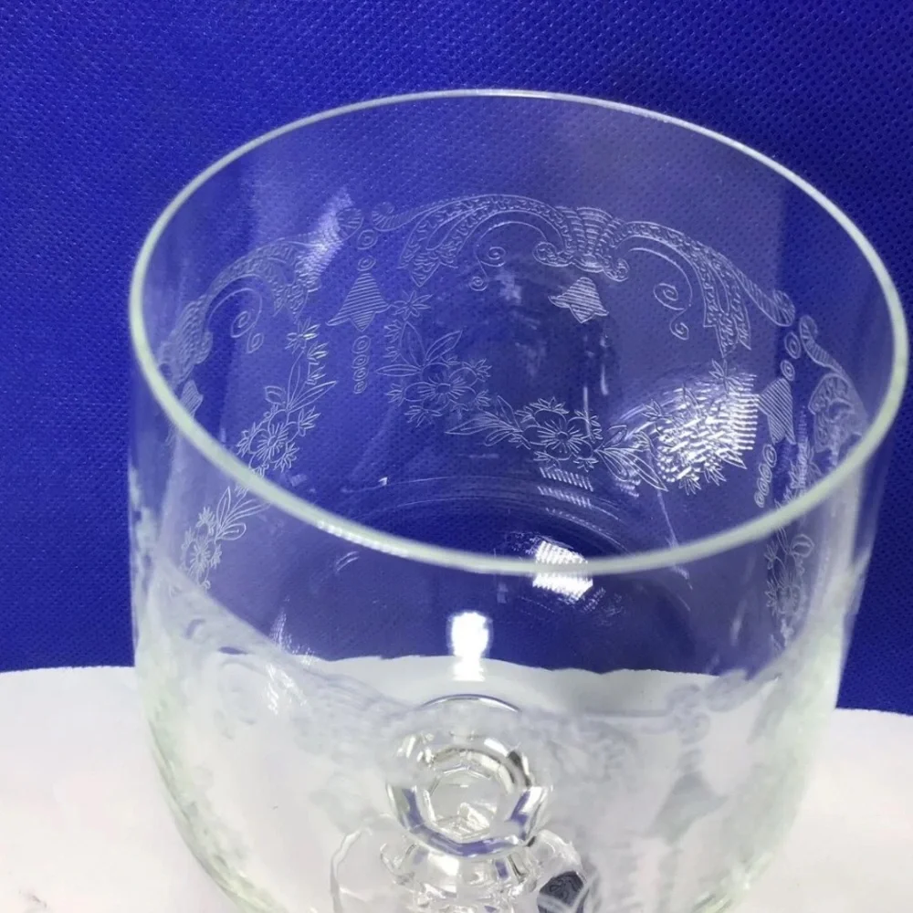Set of 6 Vintage Bohemia Etching Floral Crystal Hand Blown Wine Glasses